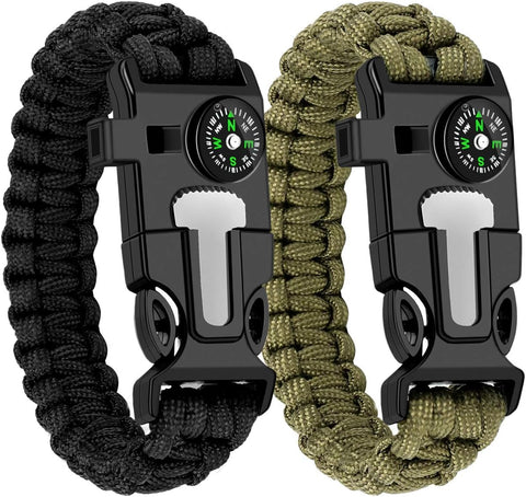 Paracord Bracelet (2 Pack) - Adjustable - Fire Starter - Loud Whistle
